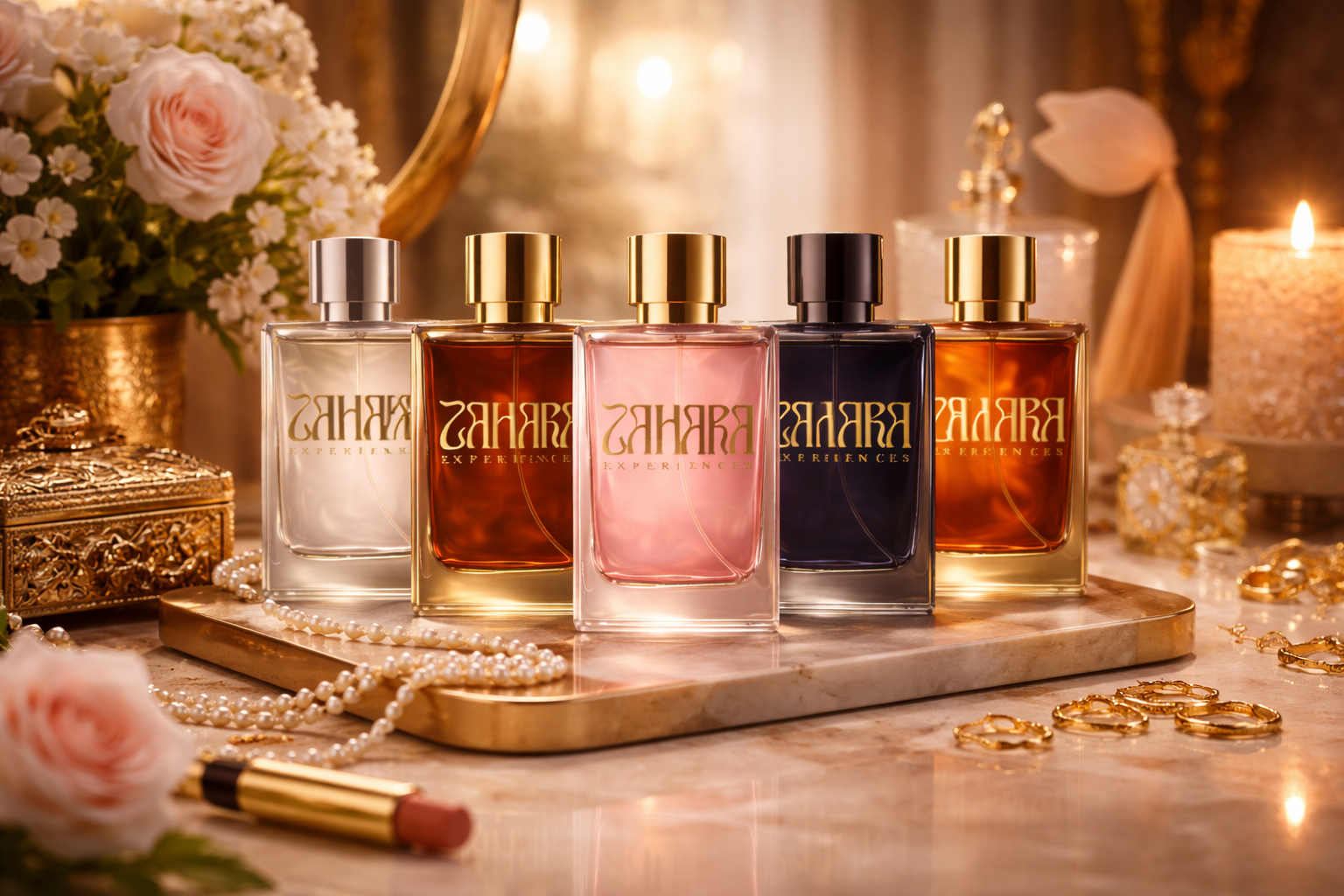 luxe et parfumées sur une coiffeuse